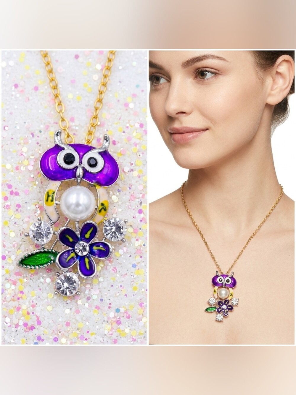 Women Jewelry Purple Owl Pendant Necklace with Pearl Accent